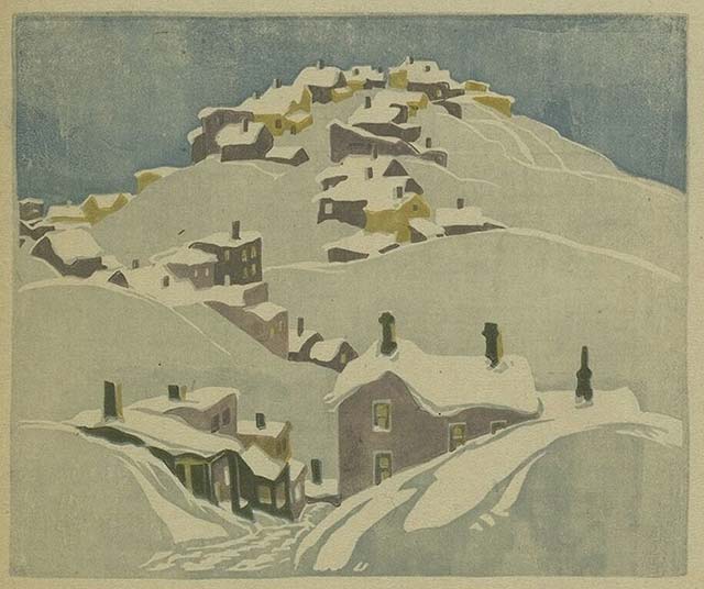 Houses, Cobalt, Franklin Carmichael, v. 1931-1932. Gravure sur linoléum
